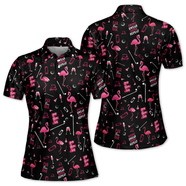 Funny Flamingo Black Golf Polo Shirt Womens, Women's Flamingo Golf Shirt GZ0033
