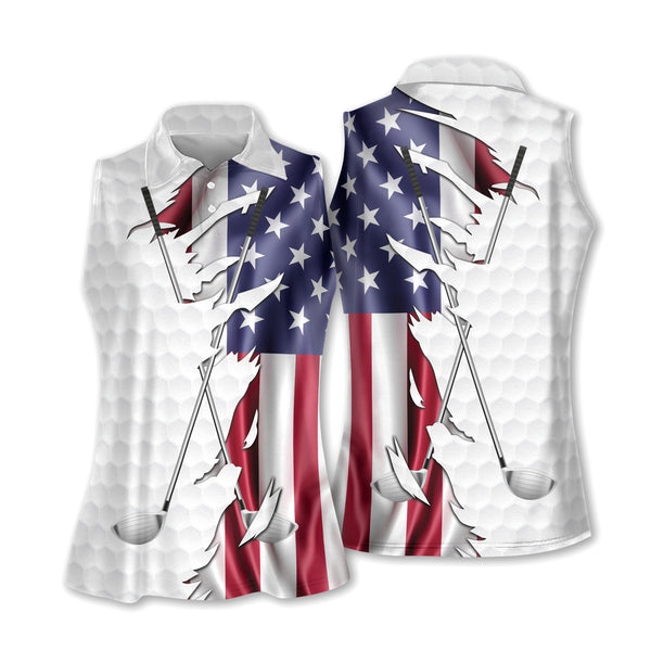Custom Women's American Flag Sleeveless Golf Shirts, Custom Ladies Patriotic Golf Shirts GZ0013