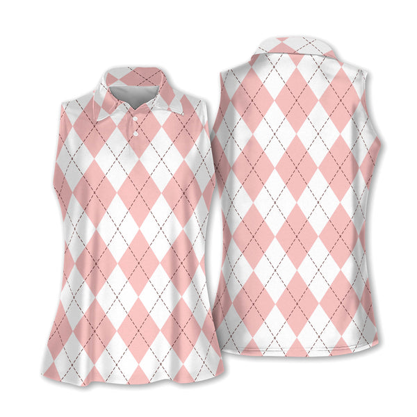 Women's Pink Argyle Sleeveless Golf Shirt, Womens Argyle Golf Shirt GZ0026