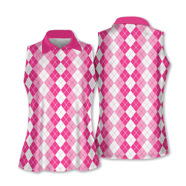 Women's Argyle Pink Sleeveless Golf Shirt, Womens Argyle Golf Shirt GE0021