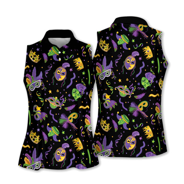 Mardi Gras Golf Sleeveless Polo Shirts Womens, Mardi Gras Black Golf Shirt Ladies GE0037