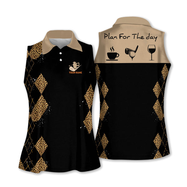 Plan For The Day Custom Leopard Sleeveless Golf Shirt For Women, Custom Womens Leopard Black Golf Shirt GE0043