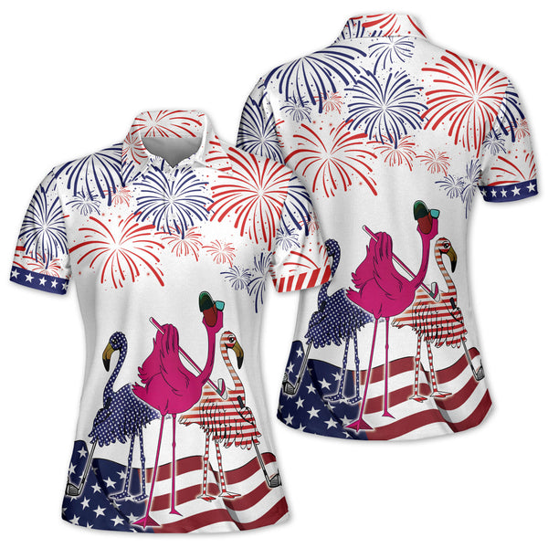 Custom Flamingo American Flag Golf Shirt Women, Custom Women's 4th Of July Flamingo Golf Shirts GZ0041