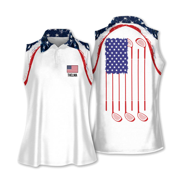 Custom Women's American Flag Sleeveless Golf Shirt, Custom Red White And Blue Ladies Patriotic Golf Shirts GZ0012