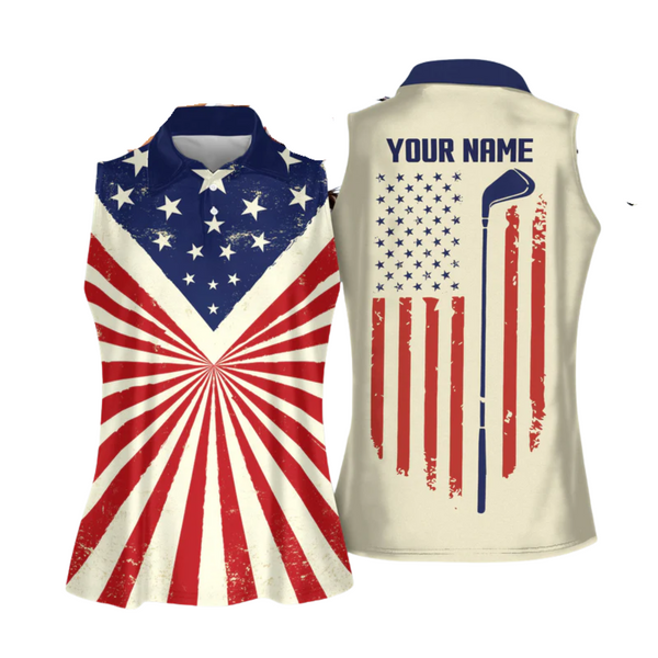 Custom Women's American Flag Sleeveless Golf Shirt, Custom Patriotic Golf Shirts For Women GY0208