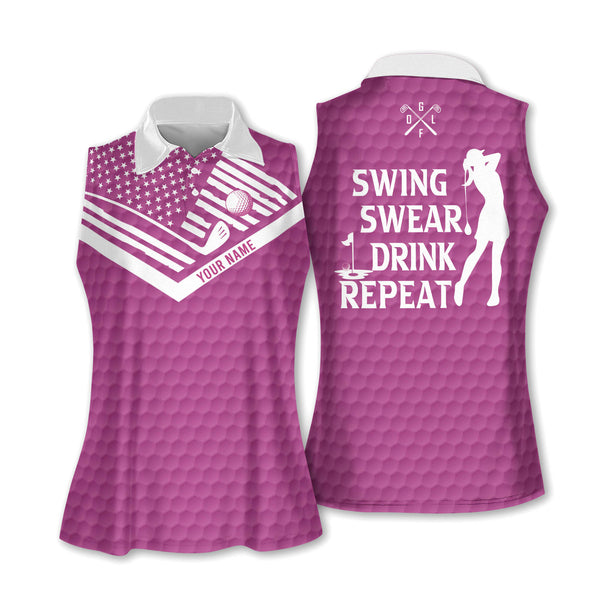 Swing Swear Drink Repeat Custom Ladies Pink Sleeveless Golf Shirts, Custom Funny Golf Shirts For Women GZ0015