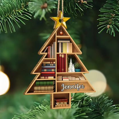 Reading Bookshelves Christmas Tree Shape - Personalized Custom Shaped Wooden Ornament, Custom Name Book Lover Ornament ON1000