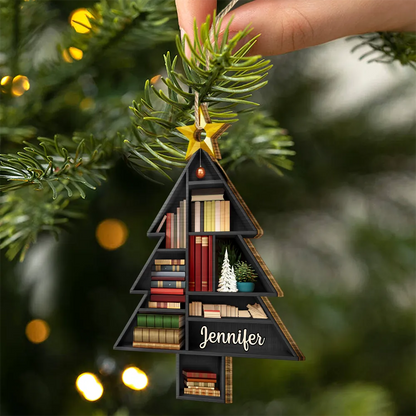 Reading Bookshelves Christmas Tree Shape - Personalized Custom Shaped Wooden Ornament, Custom Name Book Lover Ornament ON1000