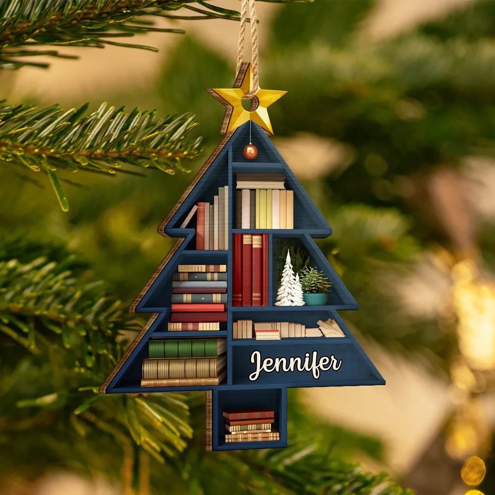 Reading Bookshelves Christmas Tree Shape - Personalized Custom Shaped Wooden Ornament, Custom Name Book Lover Ornament ON1000