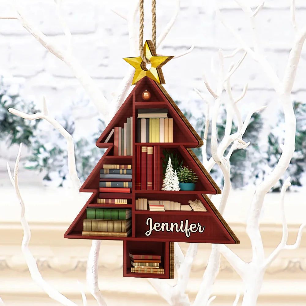 Reading Bookshelves Christmas Tree Shape - Personalized Custom Shaped Wooden Ornament, Custom Name Book Lover Ornament ON1000