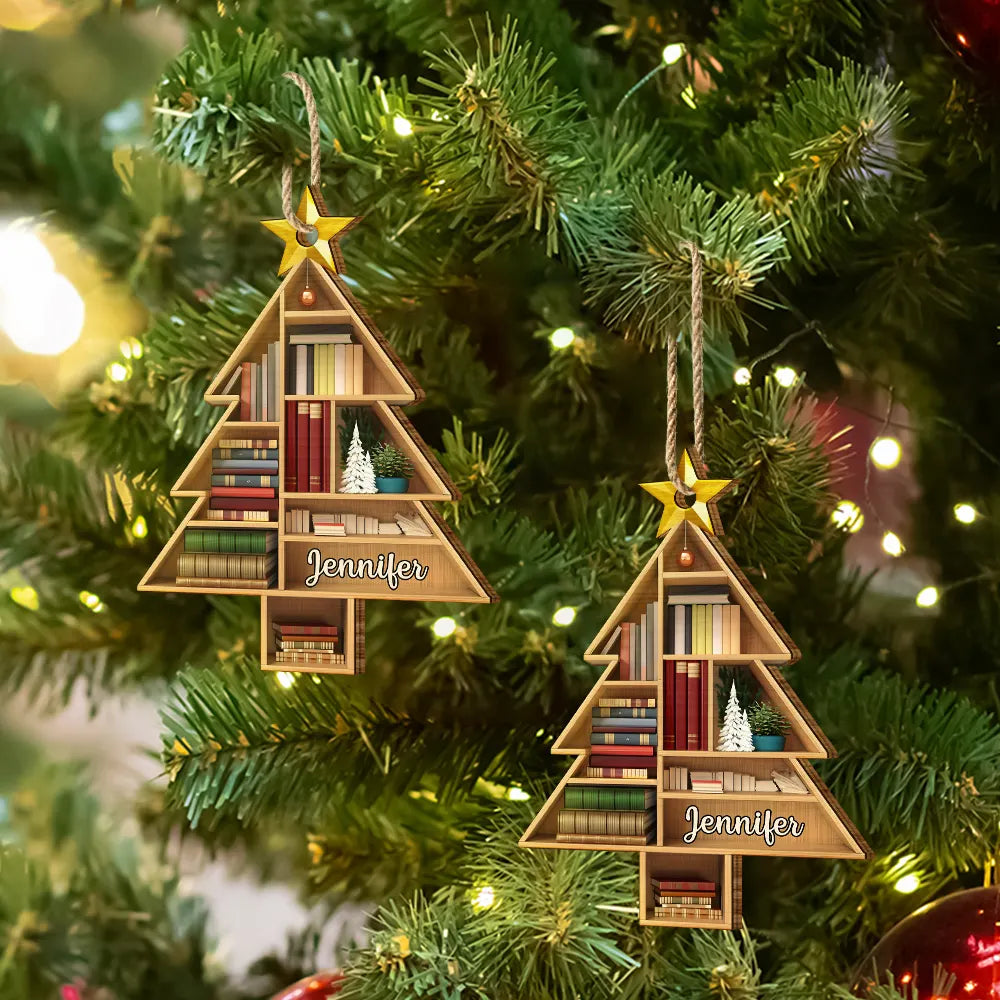 Reading Bookshelves Christmas Tree Shape - Personalized Custom Shaped Wooden Ornament, Custom Name Book Lover Ornament ON1000