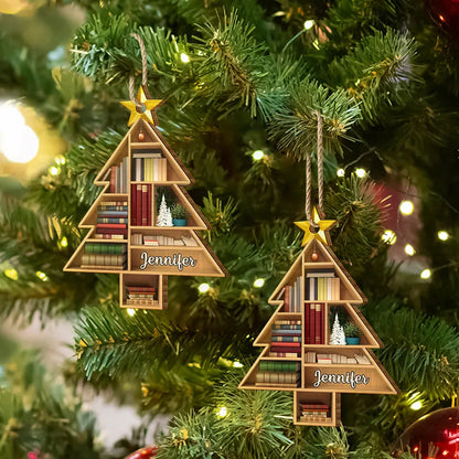 Reading Bookshelves Christmas Tree Shape - Personalized Custom Shaped Wooden Ornament, Custom Name Book Lover Ornament ON1000