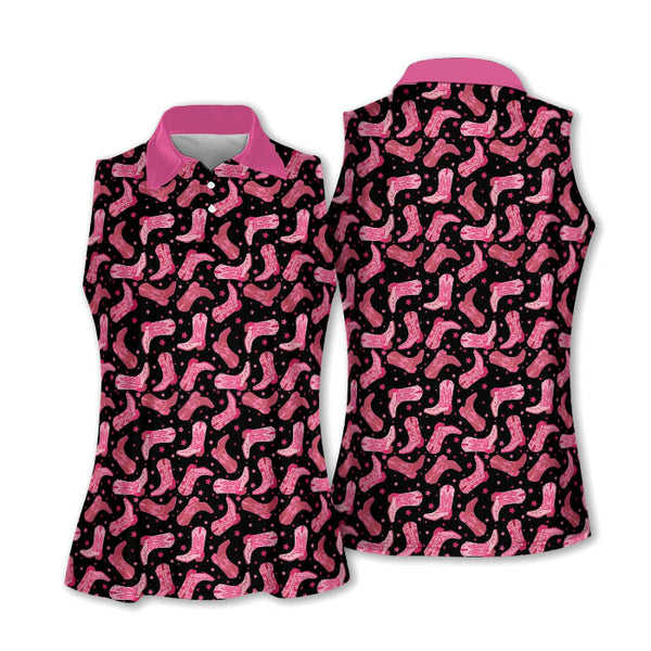 Cowgirl Black And Pink Sleeveless Golf Shirts, Western Golf Shirts Women GE0005