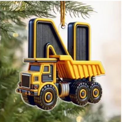 Personalized Construction Vehicle Letter Ornament 2024, Custom Initial Letter Truck Tractor Ornament ON0970