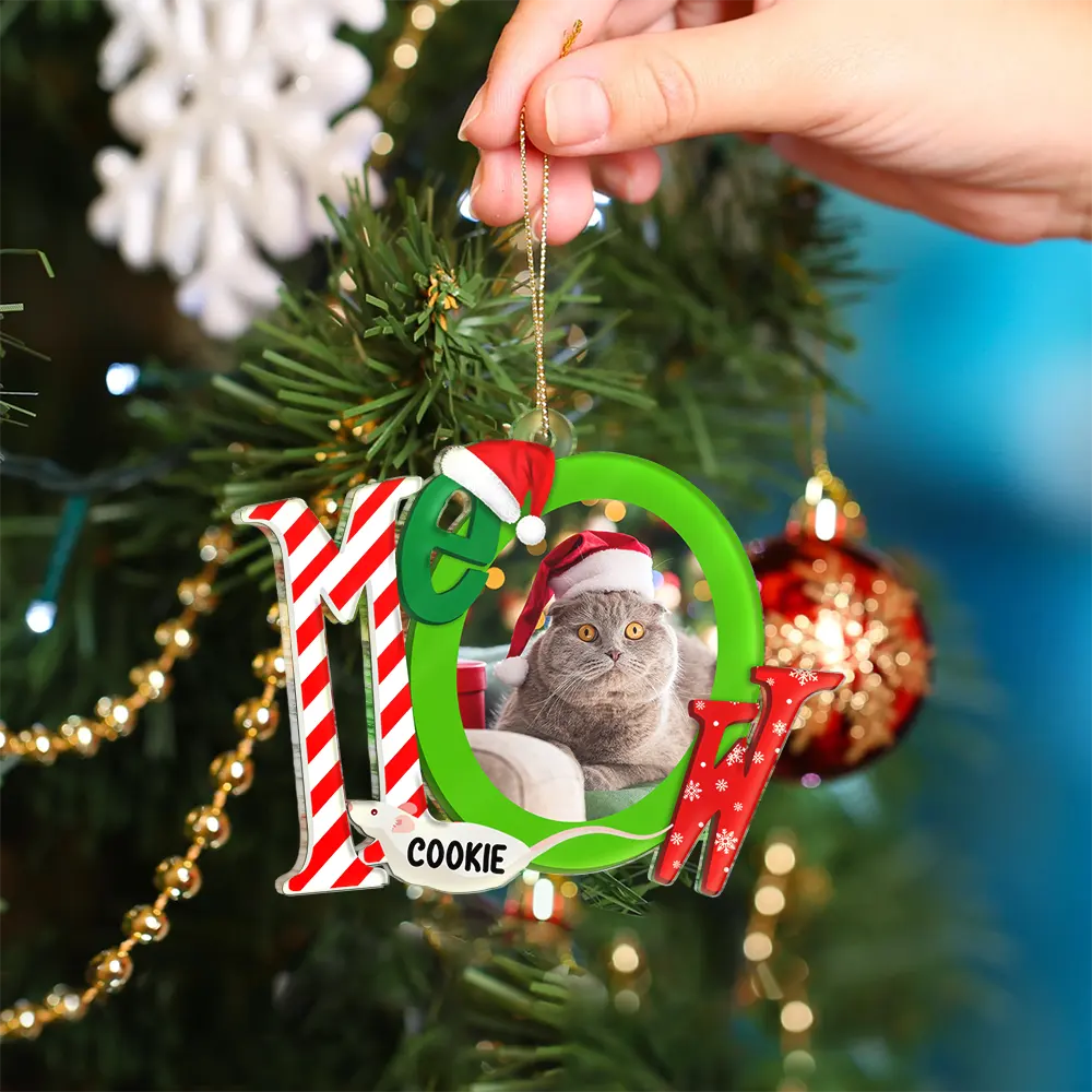 Custom Photo Cat Meowy Christmas - Personalized Custom Shaped Acrylic Ornament, Personalized Cat Photo Christmas Ornament 2024 ON0133