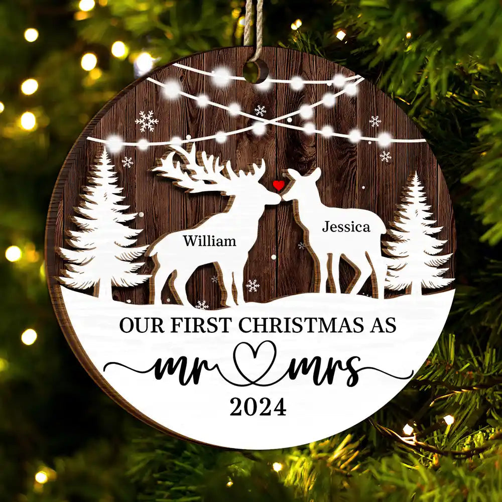 Deer Couple Our First Christmas As Mr. & Mrs. - Personalized 2-Layered Wooden Ornament, Personalized Our First Christmas Married Ornament 2024 ON0185