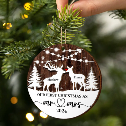 Deer Couple Our First Christmas As Mr. & Mrs. - Personalized 2-Layered Wooden Ornament, Personalized Our First Christmas Married Ornament 2024 ON0185