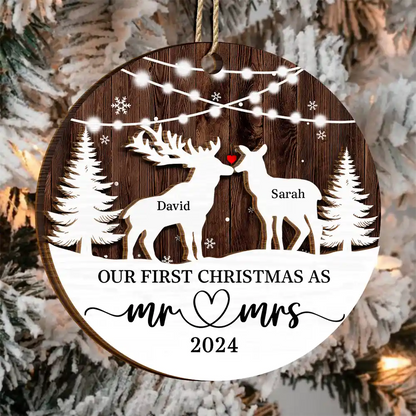 Deer Couple Our First Christmas As Mr. & Mrs. - Personalized 2-Layered Wooden Ornament, Personalized Our First Christmas Married Ornament 2024 ON0185