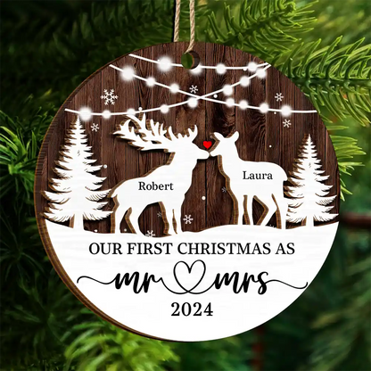 Deer Couple Our First Christmas As Mr. & Mrs. - Personalized 2-Layered Wooden Ornament, Personalized Our First Christmas Married Ornament 2024 ON0185