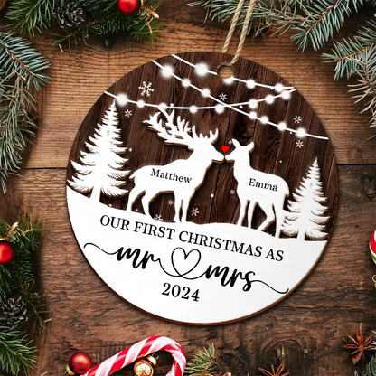 Deer Couple Our First Christmas As Mr. & Mrs. - Personalized 2-Layered Wooden Ornament, Personalized Our First Christmas Married Ornament 2024 ON0185