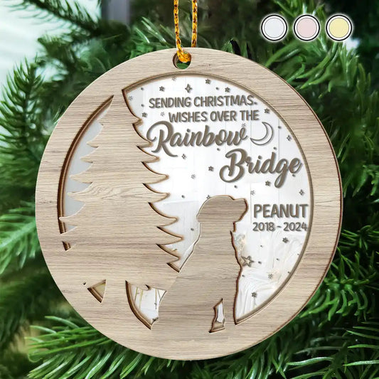 Memorial Dog Sending Christmas Wishes Over The Rainbow Bridge - Personalized Mirror Ornament, Custom Pet Memorial Ornament With Name ON0066