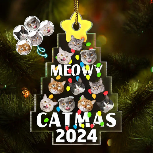 Custom Photo Funny Cat Faces Meowy Christmas - Personalized Custom Shaped Acrylic Ornament, Personalized Meowy Catmas 2024 Ornament ON0373