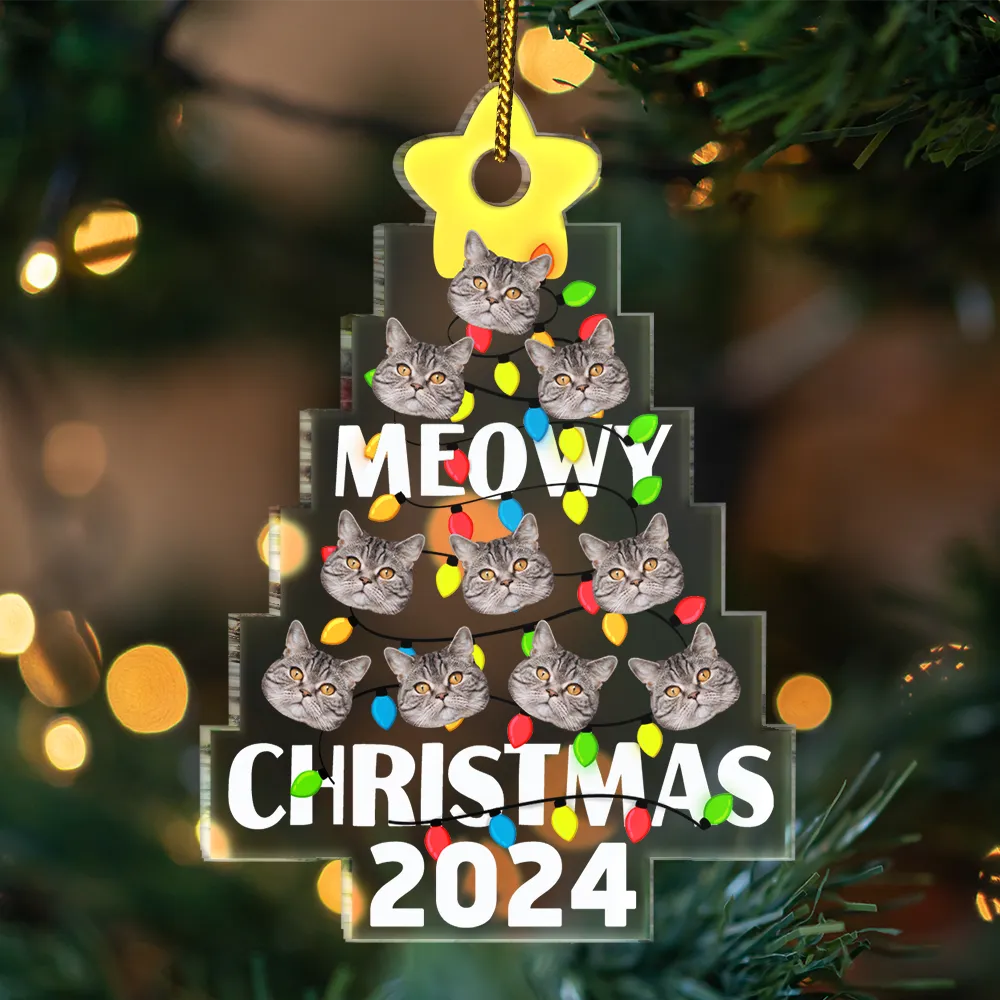 Custom Photo Funny Cat Faces Meowy Christmas - Personalized Custom Shaped Acrylic Ornament, Personalized Meowy Catmas 2024 Ornament ON0373