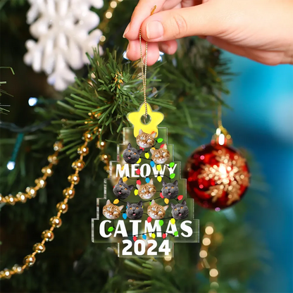 Custom Photo Funny Cat Faces Meowy Christmas - Personalized Custom Shaped Acrylic Ornament, Personalized Meowy Catmas 2024 Ornament ON0373