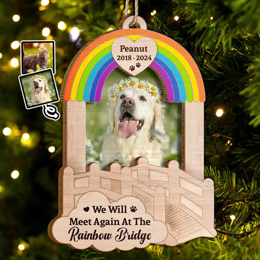 Custom Photo Dog Cat Pet Memorial We Will Meet Again - Personalized 2-Layered Wooden Ornament, Custom Photo Pet Memorial Ornament ON1060