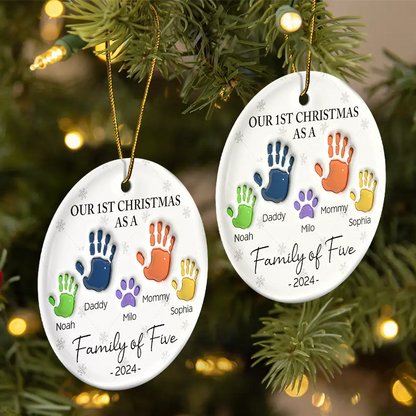 First Christmas As A Family Of Four Handprints - 3D Inflated Effect Printed Ornament, Personalized Circle Ceramic Ornament ON0426