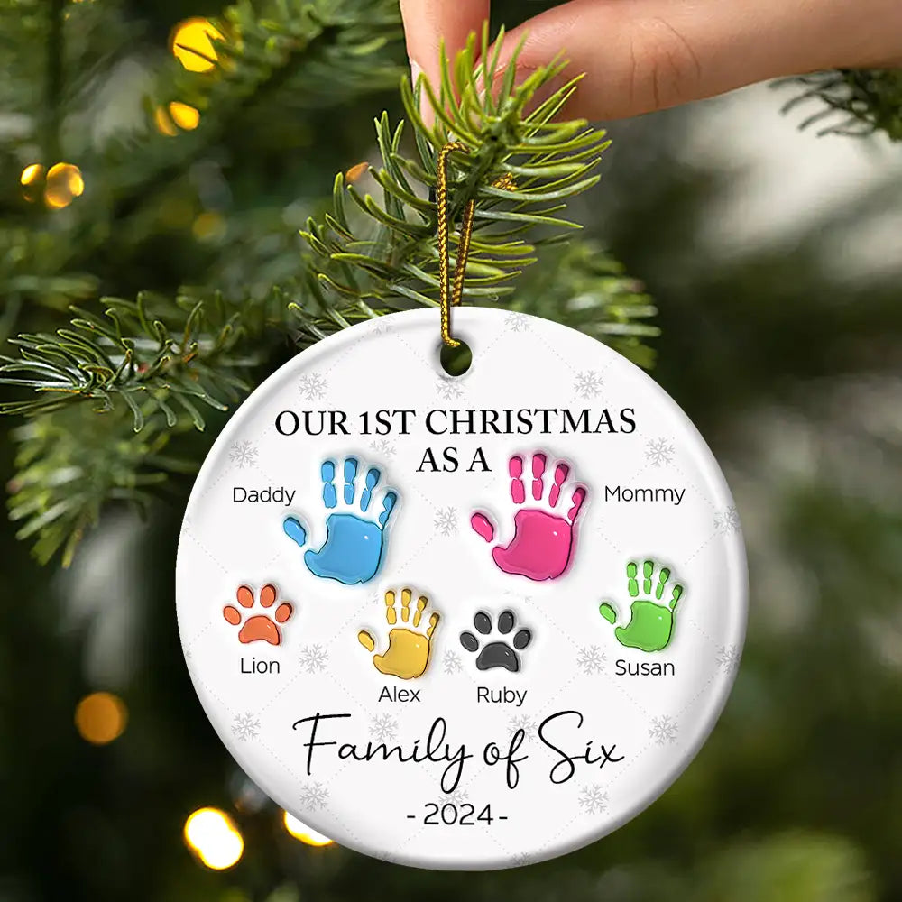 First Christmas As A Family Of Four Handprints - 3D Inflated Effect Printed Ornament, Personalized Circle Ceramic Ornament ON0426