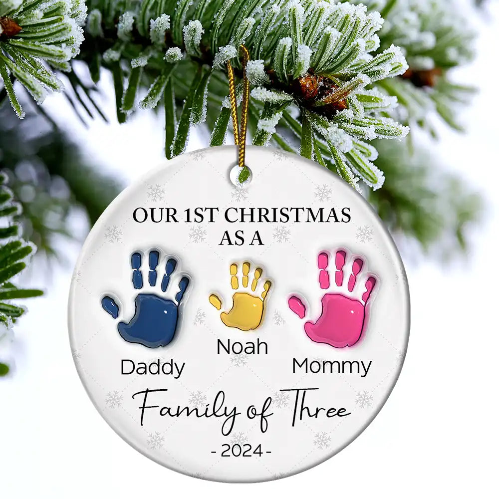 First Christmas As A Family Of Four Handprints - 3D Inflated Effect Printed Ornament, Personalized Circle Ceramic Ornament ON0426