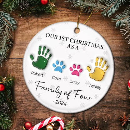 First Christmas As A Family Of Four Handprints - 3D Inflated Effect Printed Ornament, Personalized Circle Ceramic Ornament ON0426