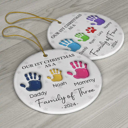 First Christmas As A Family Of Four Handprints - 3D Inflated Effect Printed Ornament, Personalized Circle Ceramic Ornament ON0426