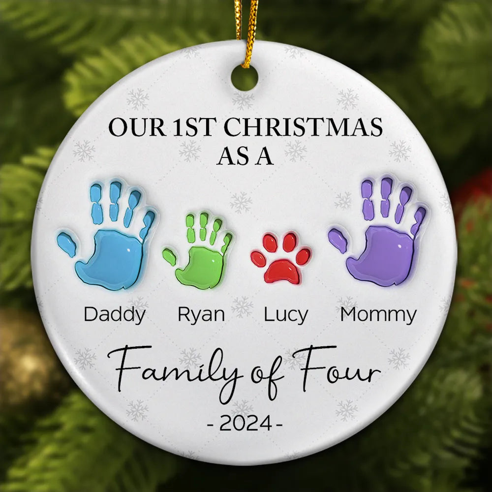 First Christmas As A Family Of Four Handprints - 3D Inflated Effect Printed Ornament, Personalized Circle Ceramic Ornament ON0426