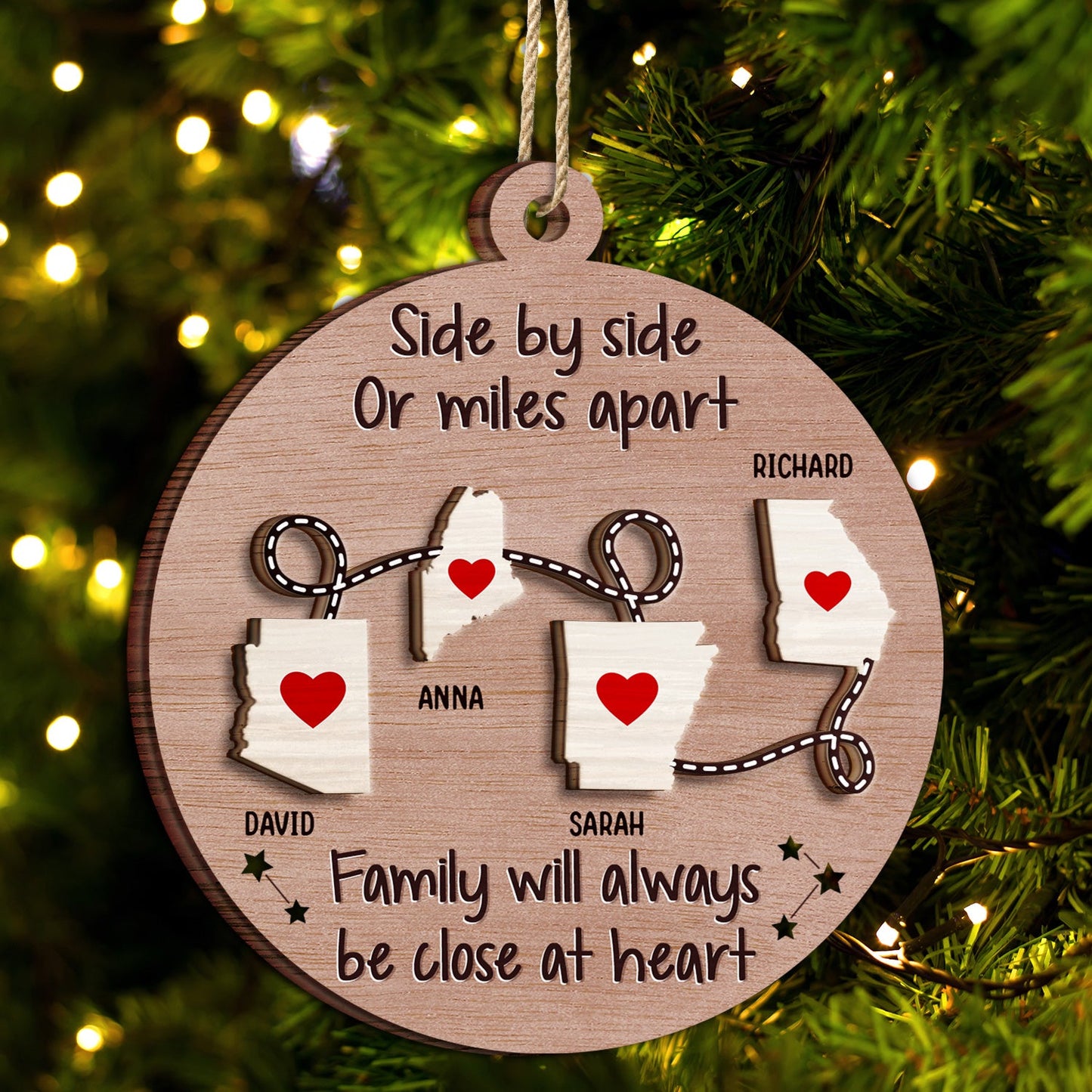 Side By Side Or Miles Apart - Christmas Gift For Family, BFF Best Friends, Siblings, Brothers, Sisters - Personalized 2-Layered Wooden Ornament ON0183