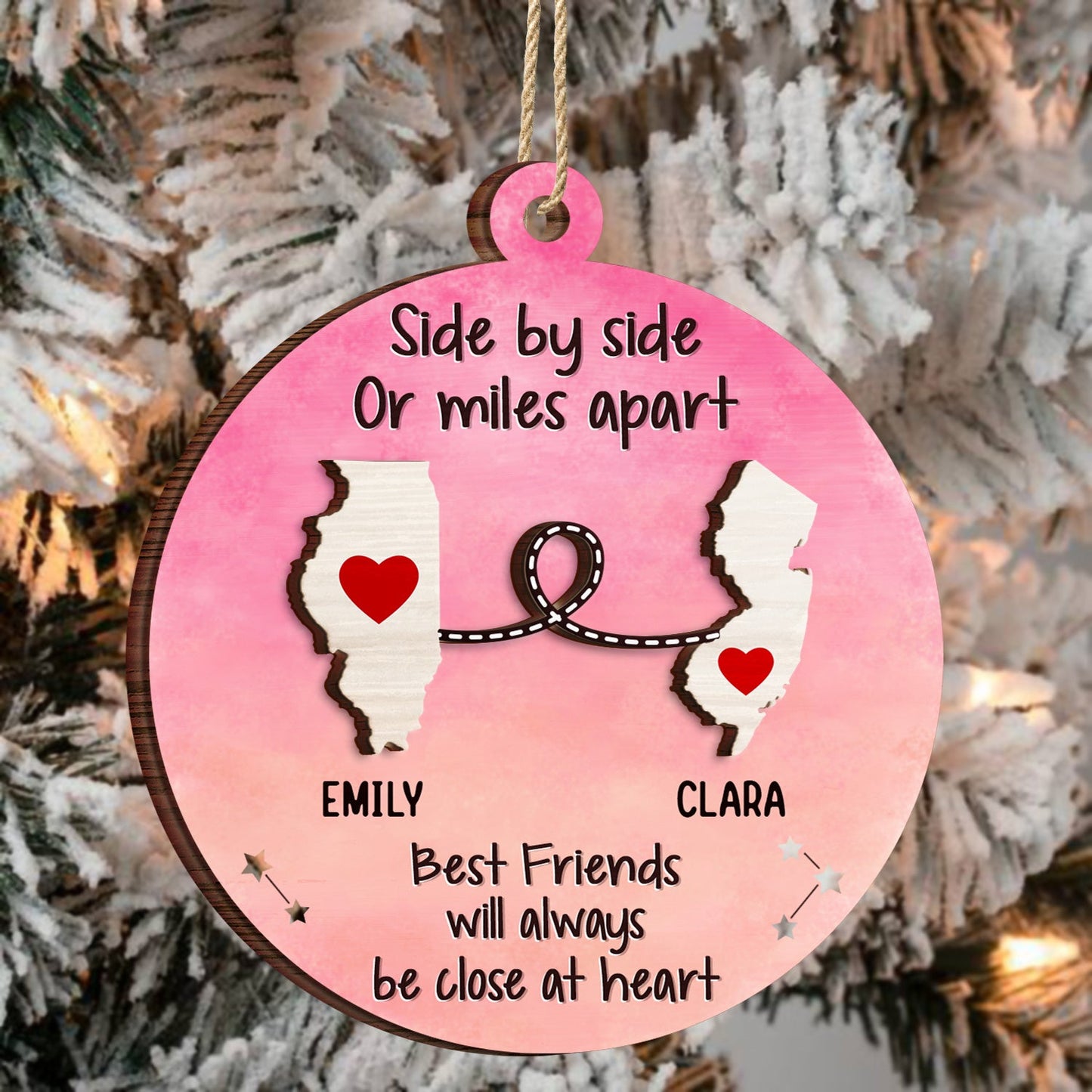 Side By Side Or Miles Apart - Christmas Gift For Family, BFF Best Friends, Siblings, Brothers, Sisters - Personalized 2-Layered Wooden Ornament ON0183