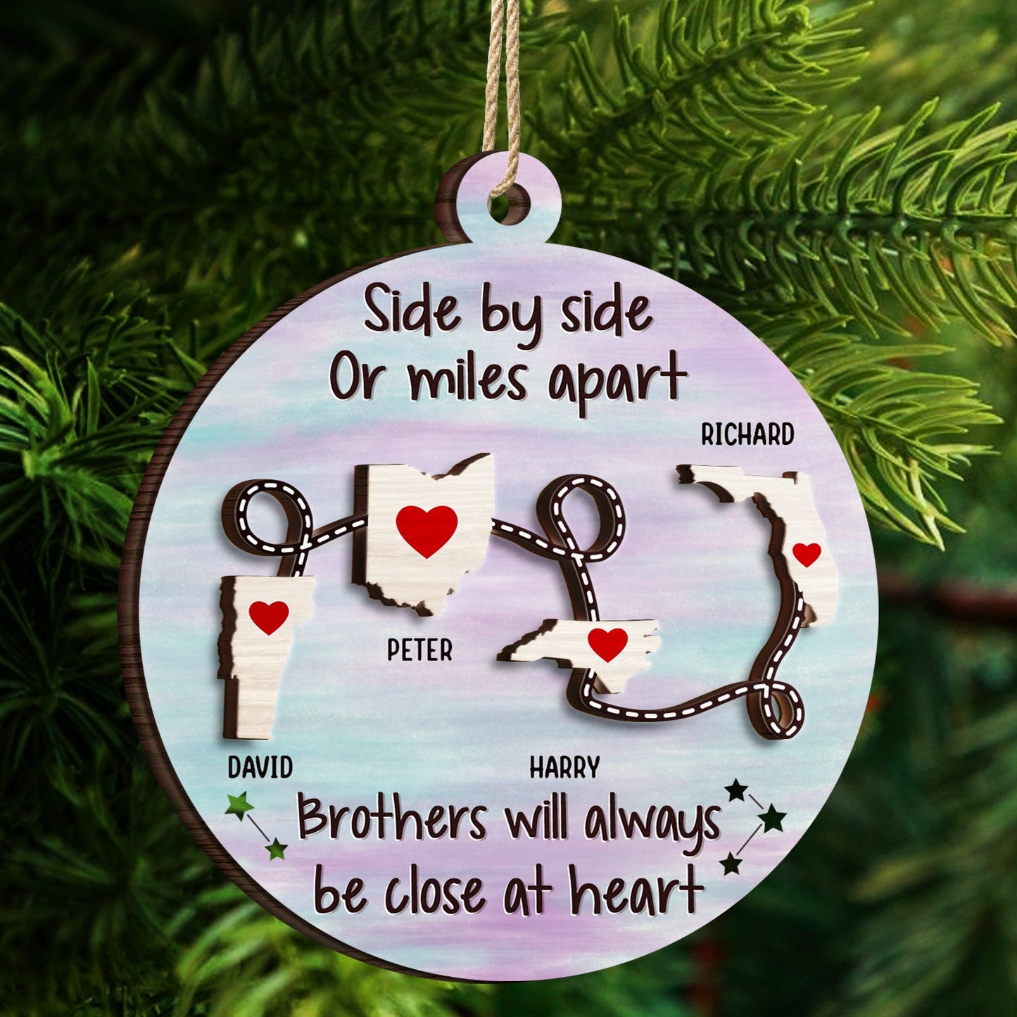 Side By Side Or Miles Apart - Christmas Gift For Family, BFF Best Friends, Siblings, Brothers, Sisters - Personalized 2-Layered Wooden Ornament ON0183