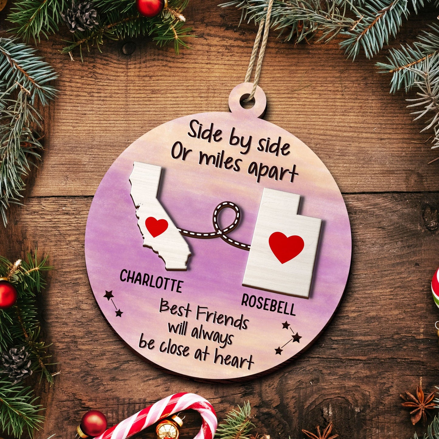 Side By Side Or Miles Apart - Christmas Gift For Family, BFF Best Friends, Siblings, Brothers, Sisters - Personalized 2-Layered Wooden Ornament ON0183