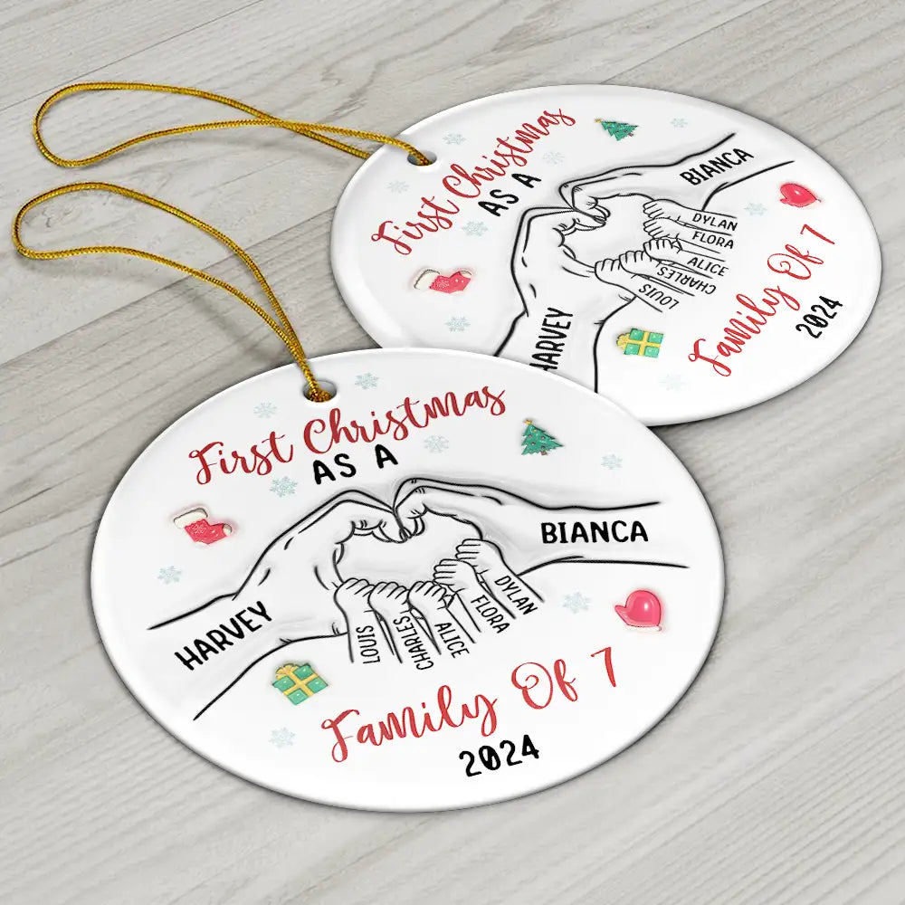 First Christmas As A Family As Three – 3D Inflated Effect Printed Ornament, Personalized Circle Ceramic Ornament, Custom Our First Christmas As A Parent Ornament ON0067