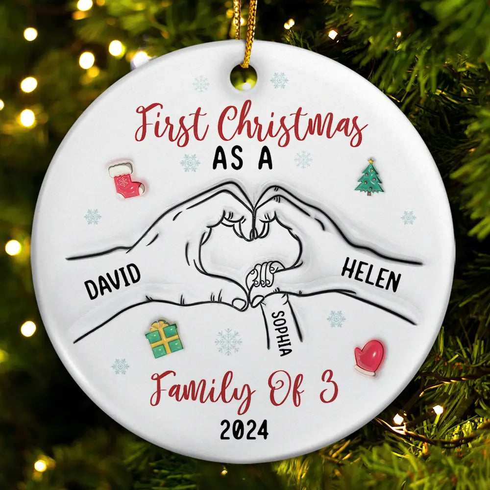 First Christmas As A Family As Three – 3D Inflated Effect Printed Ornament, Personalized Circle Ceramic Ornament, Custom Our First Christmas As A Parent Ornament ON0067