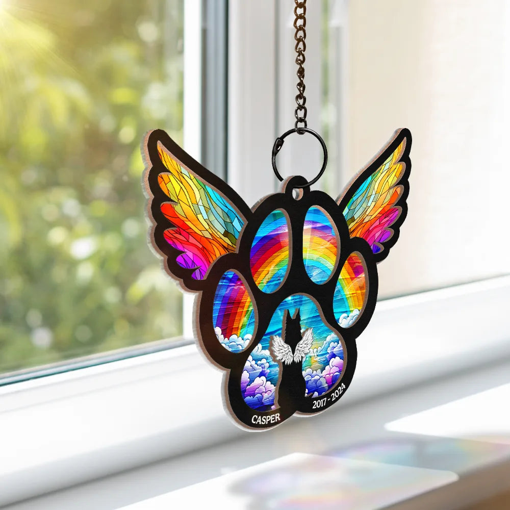 Memorial Dog Cat Waiting At The Rainbow Bridge - Personalized Window Hanging Suncatcher Ornament, Custom Memorial Ornament 2024 ON0633