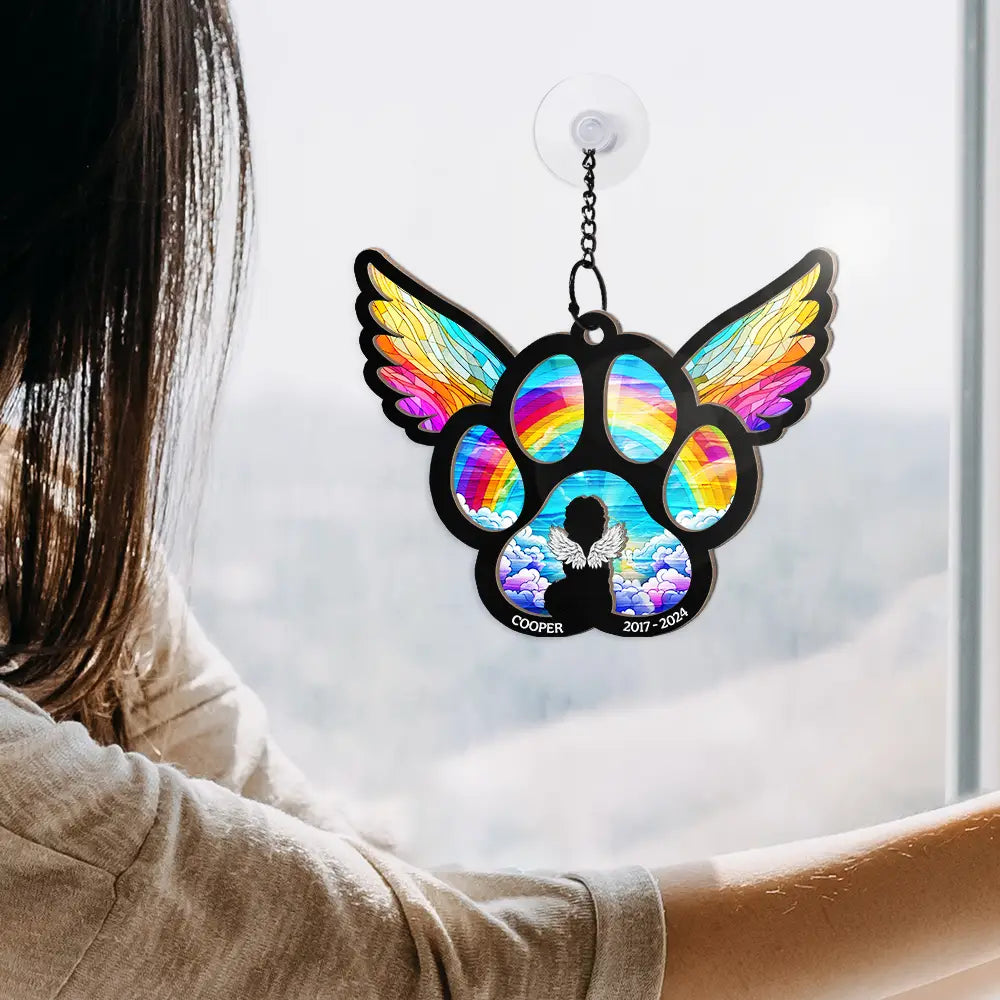 Memorial Dog Cat Waiting At The Rainbow Bridge - Personalized Window Hanging Suncatcher Ornament, Custom Memorial Ornament 2024 ON0633