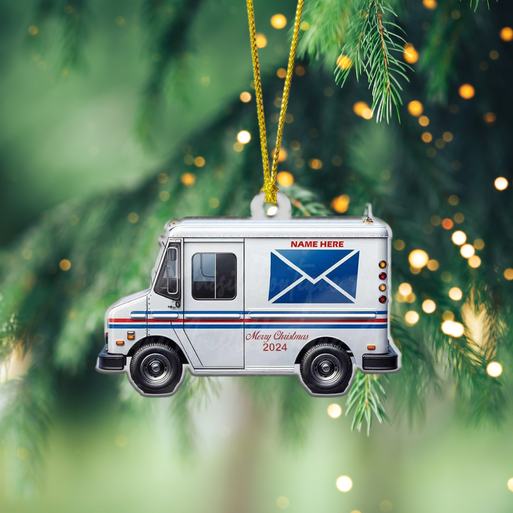 Personalized Mail Truck Merry Christmas Ornament 2024, Custom Name Postal Worker Ornament ON0876