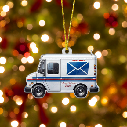 Personalized Mail Truck Merry Christmas Ornament 2024, Custom Name Postal Worker Ornament ON0876