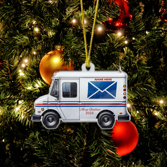 Personalized Mail Truck Merry Christmas Ornament 2024, Custom Name Postal Worker Ornament ON0876