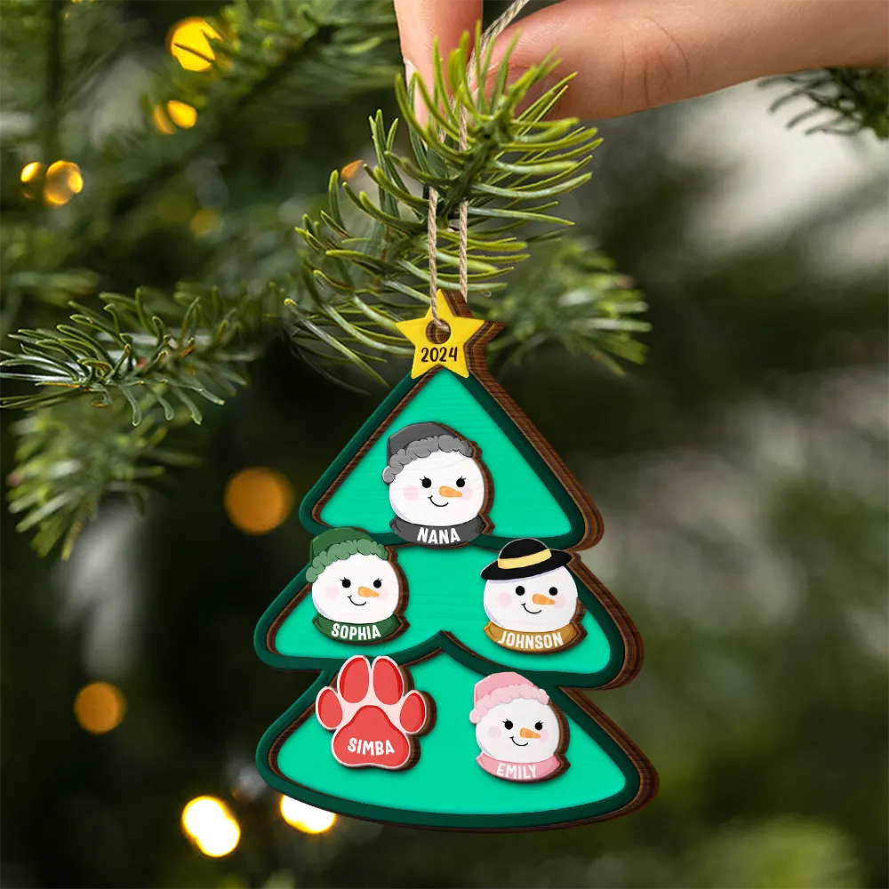 Christmas Tree Snowman Family - Personalized 2-Layered Wooden Ornament, Personalized Family Christmas Ornament 2024 ON0186