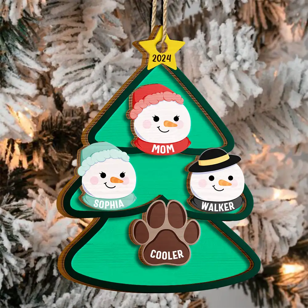 Christmas Tree Snowman Family - Personalized 2-Layered Wooden Ornament, Personalized Family Christmas Ornament 2024 ON0186