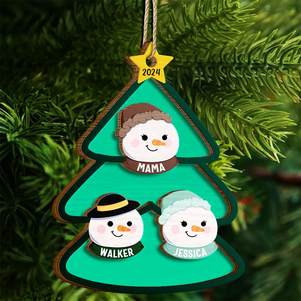 Christmas Tree Snowman Family - Personalized 2-Layered Wooden Ornament, Personalized Family Christmas Ornament 2024 ON0186