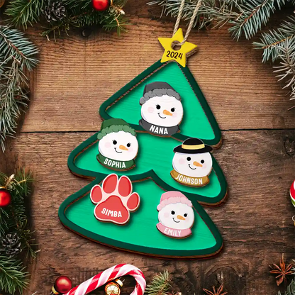 Christmas Tree Snowman Family - Personalized 2-Layered Wooden Ornament, Personalized Family Christmas Ornament 2024 ON0186